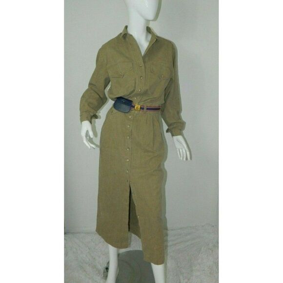 Vintage I. Magnin Dress Brown Green Khaki Utility Cargo Coverall Dress Size  S/M - Picture 10 of 11